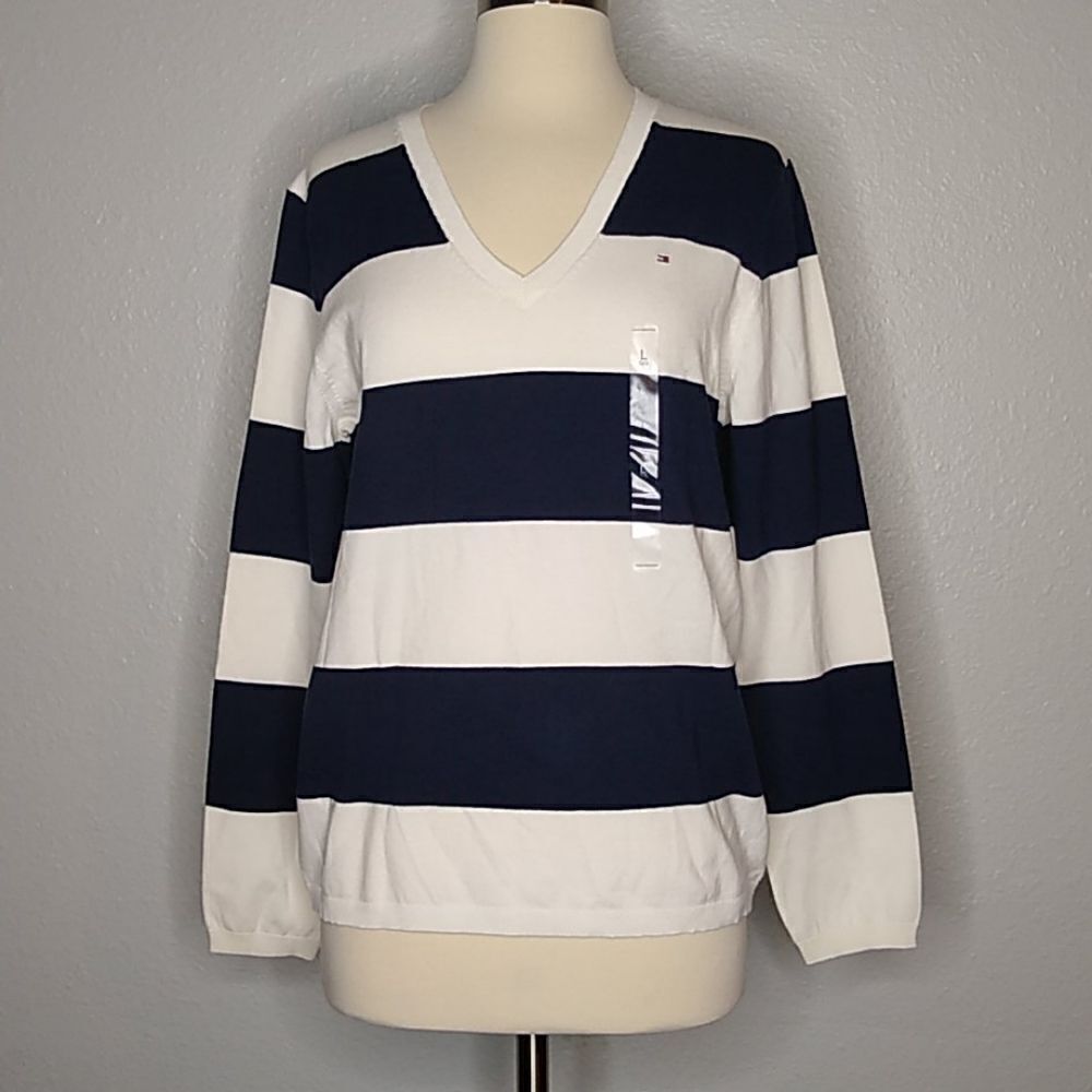 Tommy Hilfiger Navy White Nautical Striped Preppy‎ Top Lg